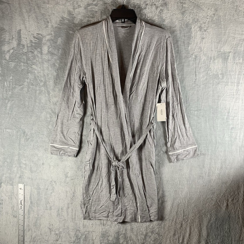 Alfani Women's Robe L Gray White Trim Tie Waist Knee Length Long Sleeve NWT